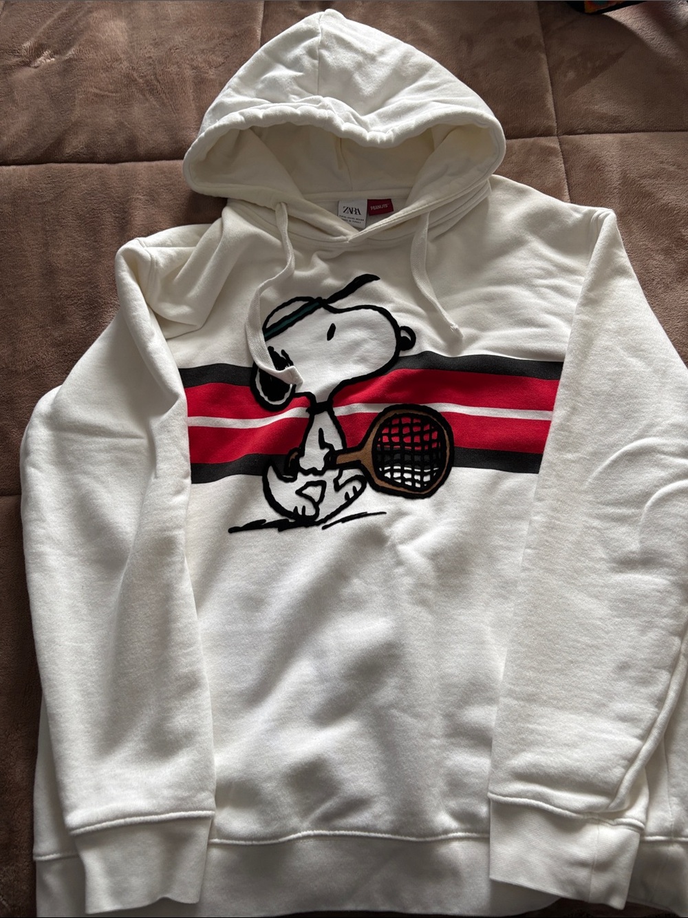 Zara White Snoopy Tennis Hoodie with Red & Black Stripes